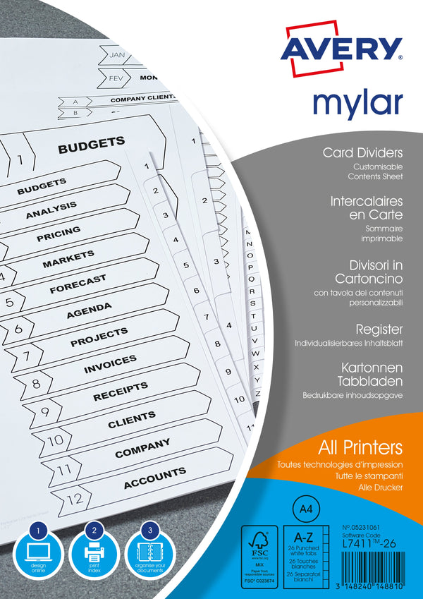 Avery Mylar Divider A-Z A4 Punched 150gsm White Card with White Mylar Tabs 05231061 - GARDEN & PET SUPPLIES