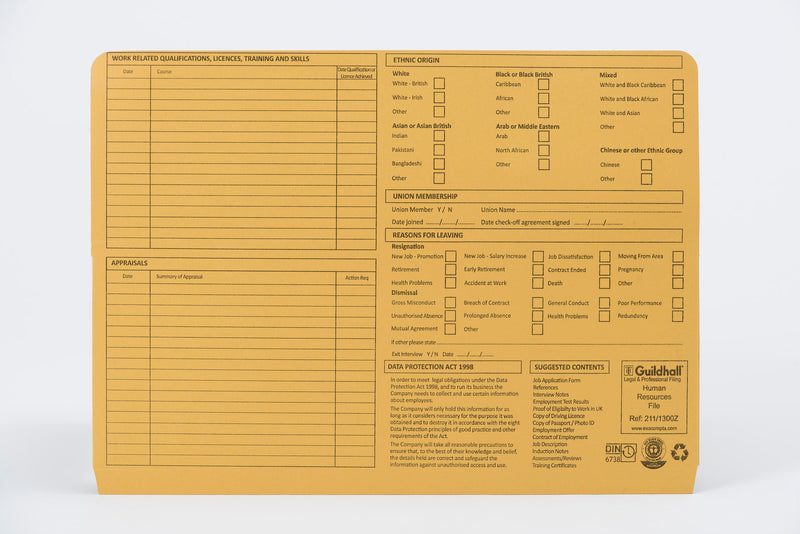 Guildhall Pre-Printed HR File Manilla 244x355mm 315gsm Yellow (Pack 50) - 211/1300Z - GARDEN & PET SUPPLIES