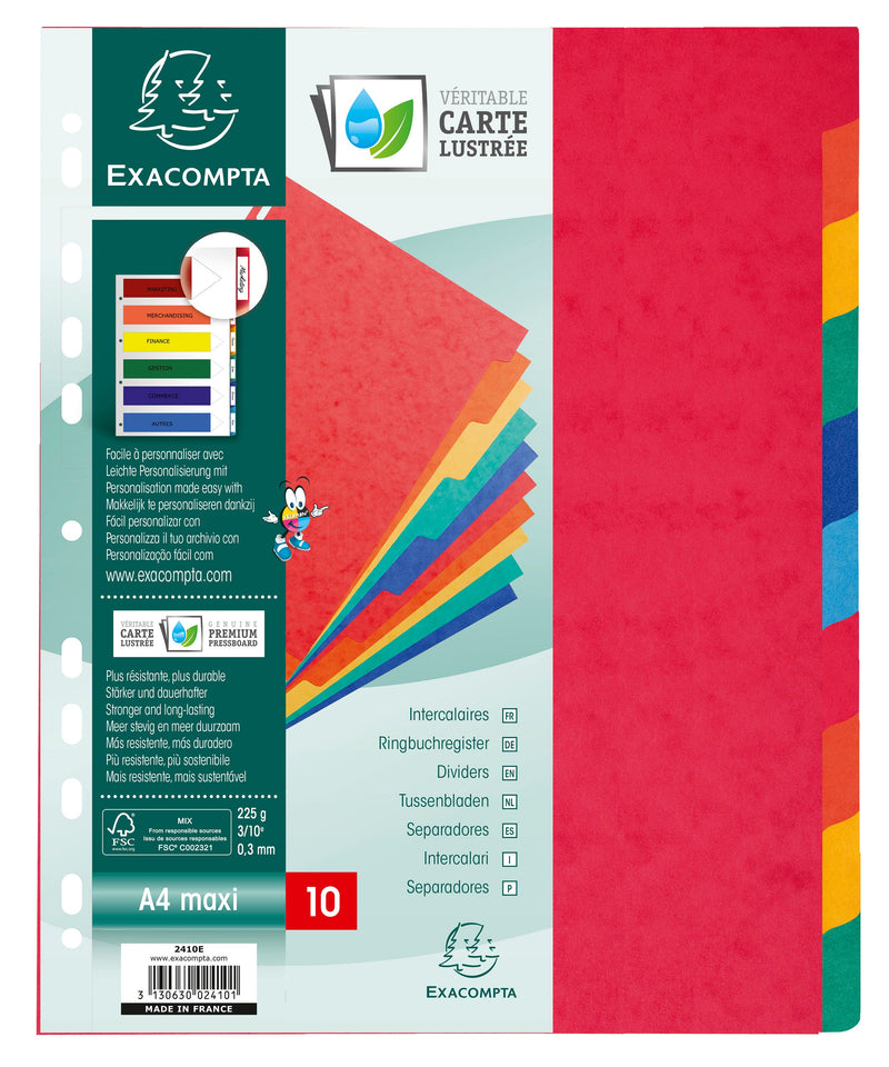 Exacompta Divider 10 Part A4 Extra Wide 225gsm Pressboard Assorted Colours - 2410E - GARDEN & PET SUPPLIES