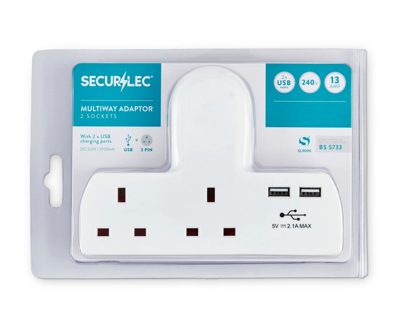 Securlec T-Shape 2 Way Adaptor With 2 USB points