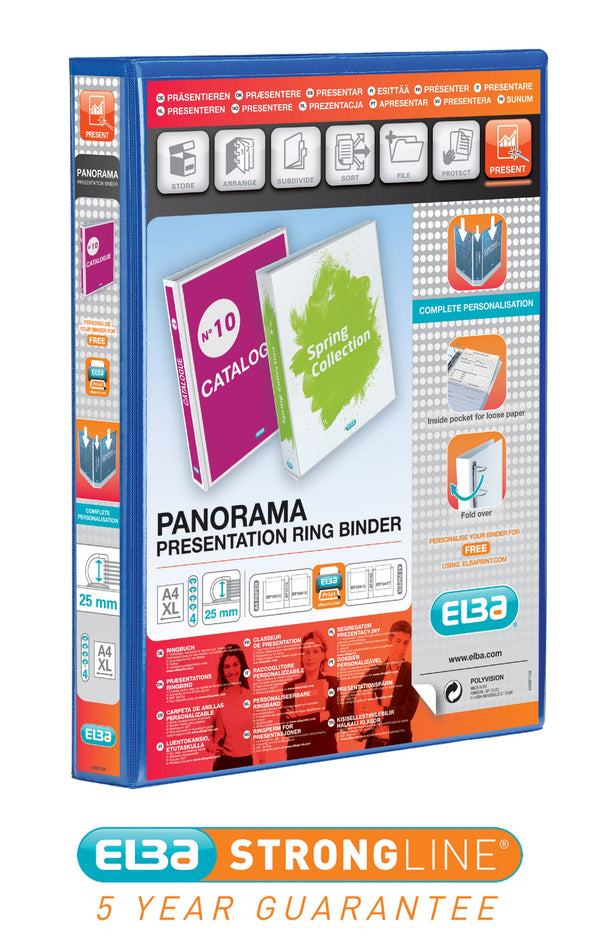 Elba Panorama Presentation Ring Binder Polypropylene 4 D-Ring A4+ 25mm Rings Blue (Pack 6) - 400008415 - GARDEN & PET SUPPLIES