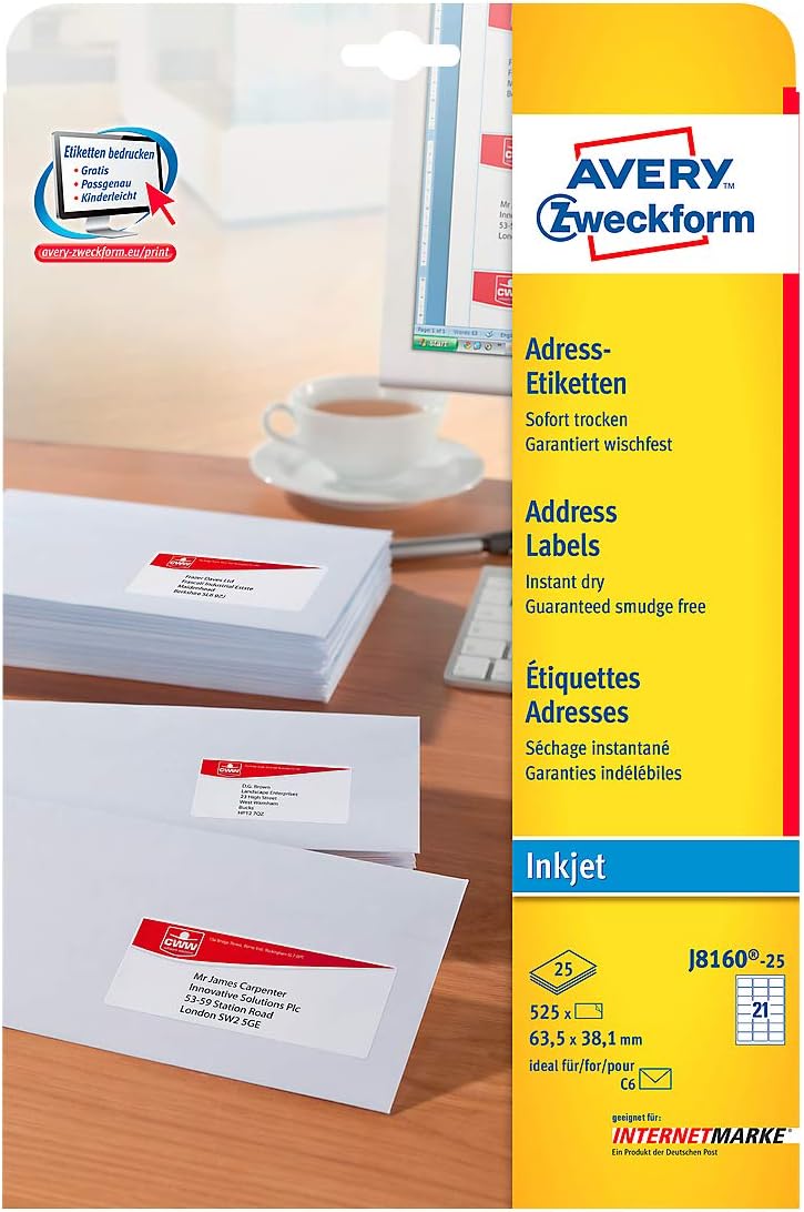 Avery Inkjet Address Labels 21 Per Sheet White (Pack of 525) J8160-25