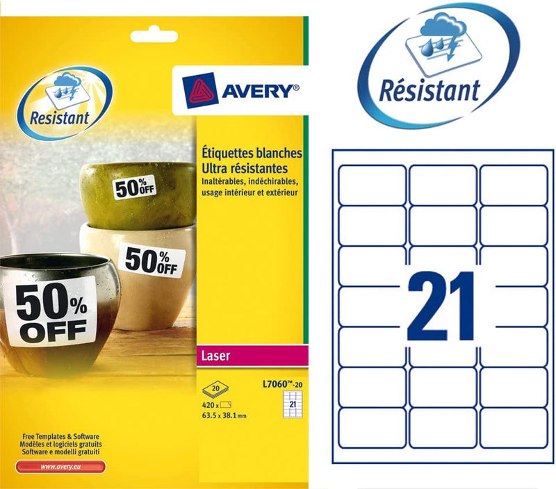 Avery Heavy Duty Labels Laser 21 per Sheet 63.5x38.1mm White Ref L7060-20 [420 Labels] - GARDEN & PET SUPPLIES