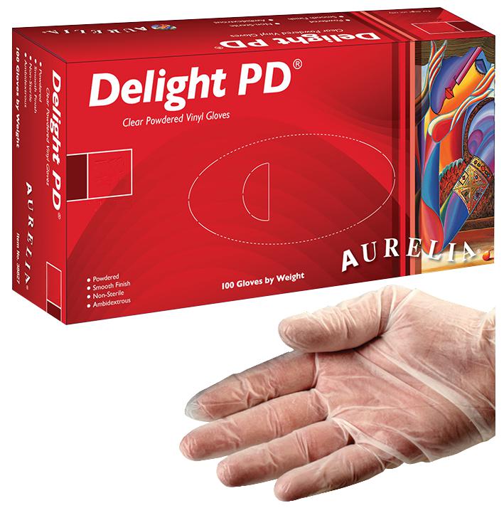 Delight Powdered Clear Medical/Food Disposable Vinyl Gloves, Boxed 100 ALL SIZES