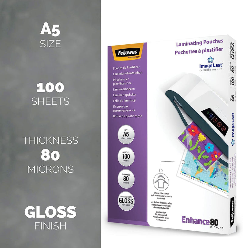 Fellowes A5 Laminating Pouches, Gloss Finish, 100 Sheets, 160 Micron (2 x 80 Micron) 5306002