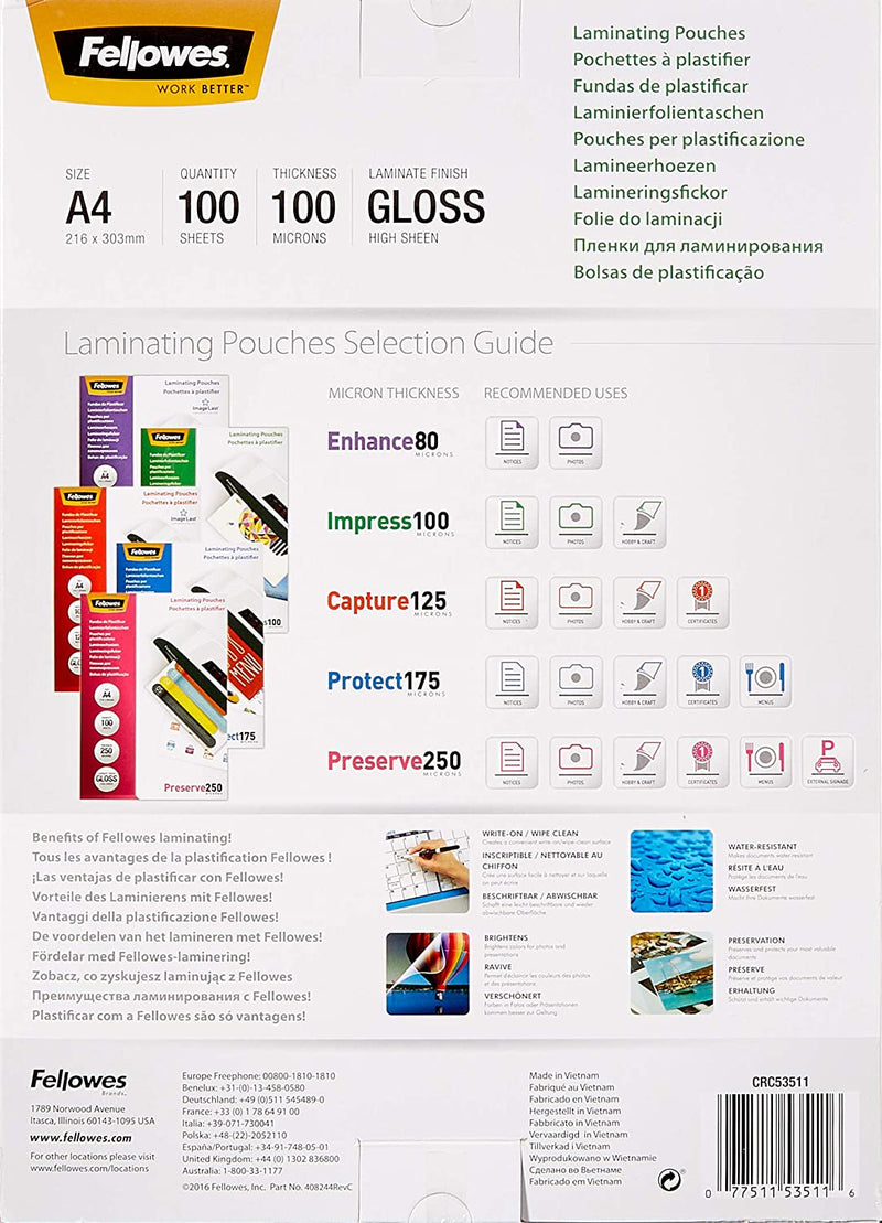 Fellowes A4 Glossy Laminating Pouch 100 Micron (Pack of 100) 5351111 - GARDEN & PET SUPPLIES