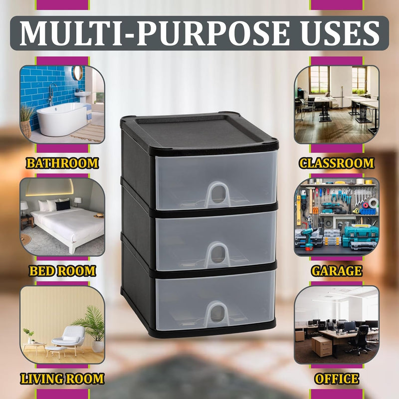 Fixtures 3 Drawer Organiser Unit in Black, Stackable.