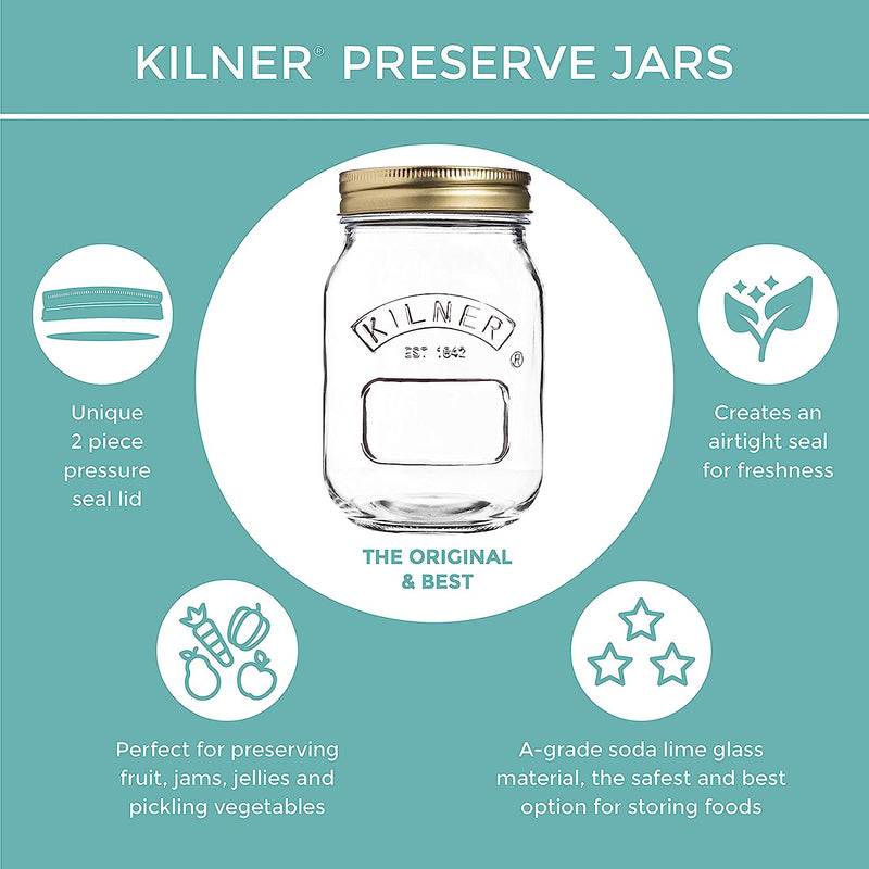 Kilner Wide Mouth Screw Top Lid Preserving Glass Jar 1.0 Litre Transparent