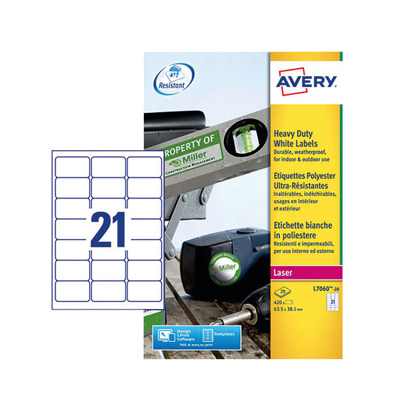 Avery Heavy Duty Labels Laser 21 per Sheet 63.5x38.1mm White Ref L7060-20 [420 Labels] - GARDEN & PET SUPPLIES