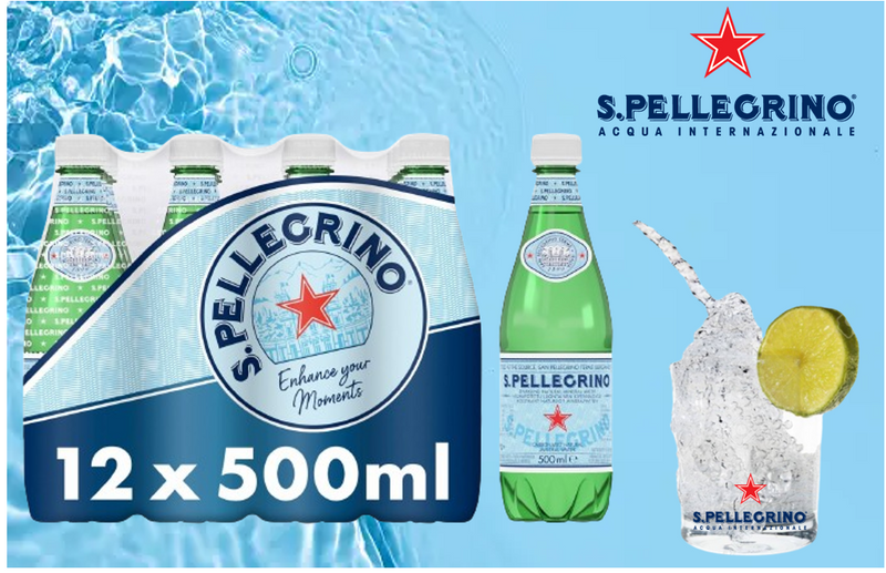 San Pellegrino Sparkling Natural Mineral Water 500ml Bottles (Pack of 12)