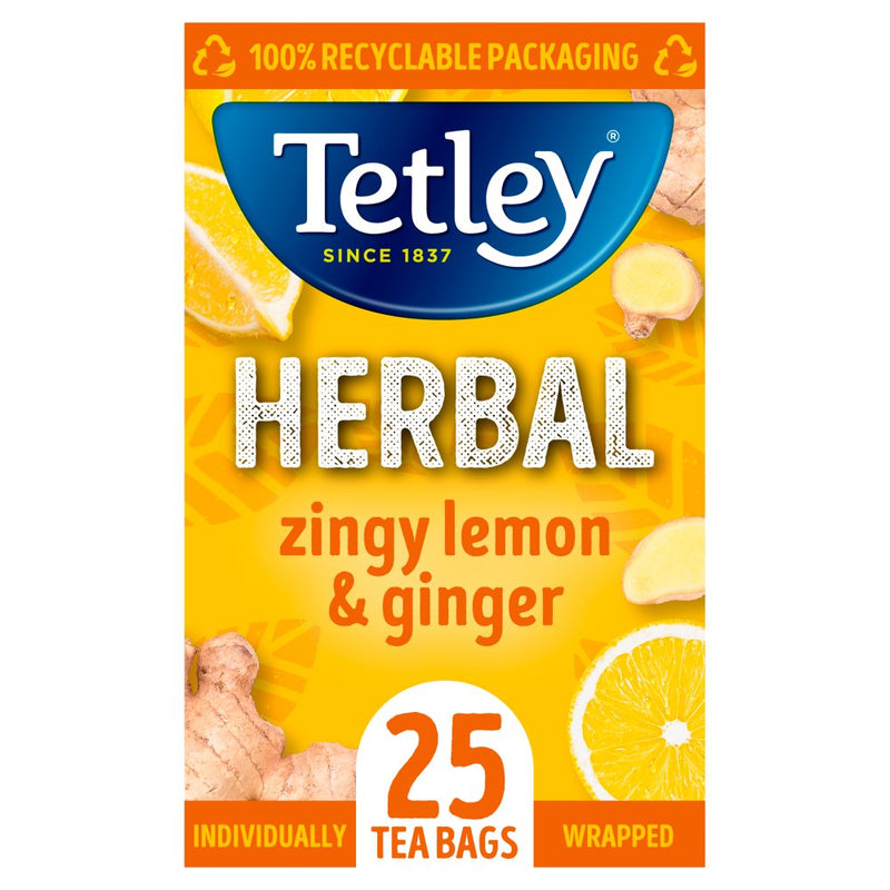 Tetley Herbal Zingy Lemon & Ginger Compostable, Wrapped Tea Bags x 25's - GARDEN & PET SUPPLIES