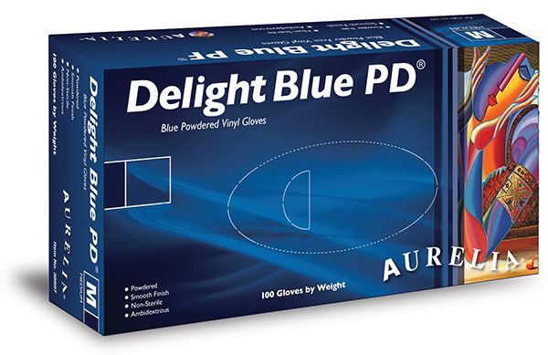 Aurelia Delight Blue PD - Powdered Vinyl Examination Gloves - Boxed 100 ALL SIZES