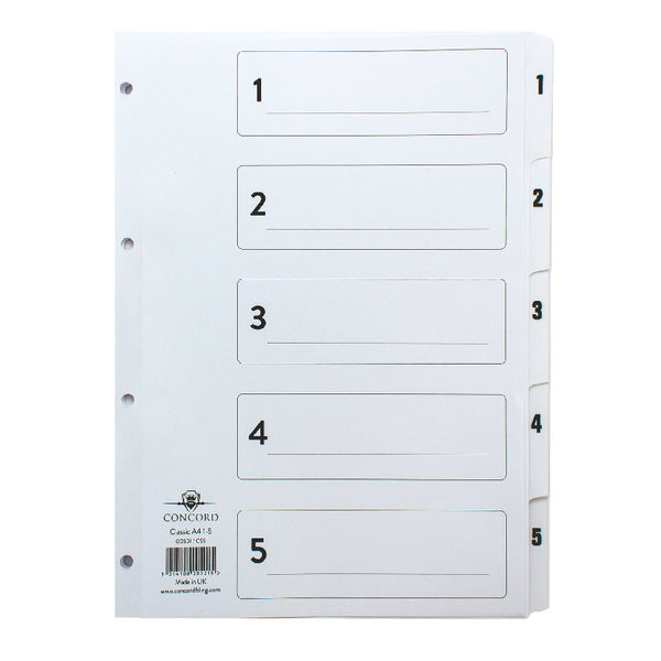 Concord Classic Index 1-5 A4 180gsm Board White with Clear Mylar Tabs 00501/CS5 - GARDEN & PET SUPPLIES