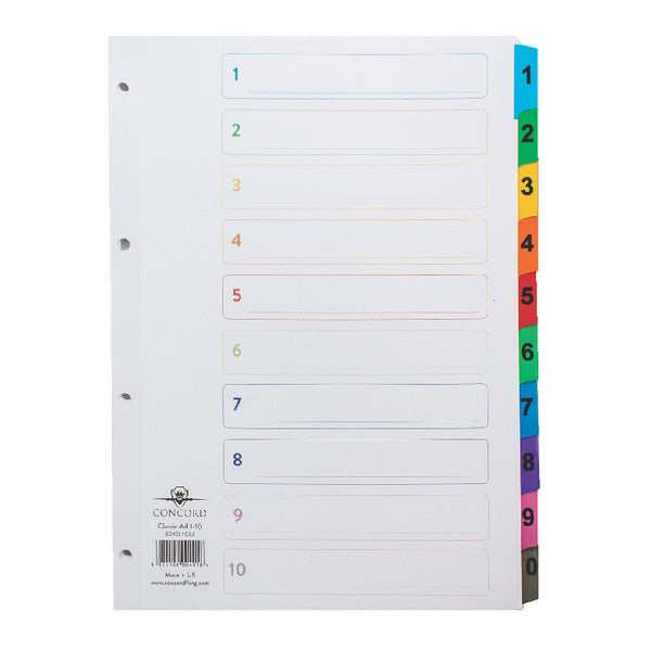 Concord Classic Index 1-10 A4 180gsm Board White with Coloured Mylar Tabs 00401/CS4 - GARDEN & PET SUPPLIES