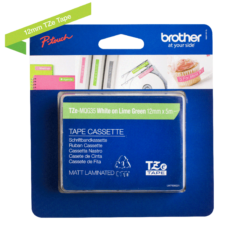 Brother White On Lime Green Label Tape 12mm x 5m - TZEMQG35 - GARDEN & PET SUPPLIES