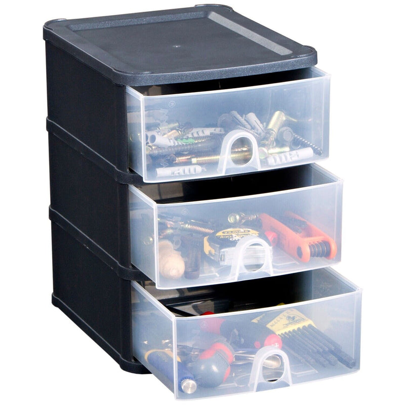 Fixtures 3 Drawer Organiser Unit in Black, Stackable.