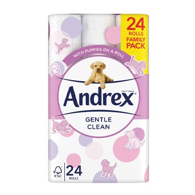 Andrex Puppies On A Roll Gentle Clean Toilet Paper Pack 24's - GARDEN & PET SUPPLIES