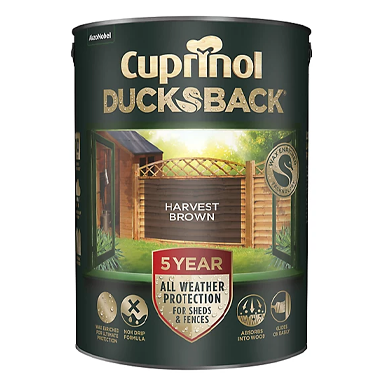 GARDEN & PET SUPPLIES -Cuprinol Ducksback 5Y Fence & Shed HARVEST BROWN 5 Litre