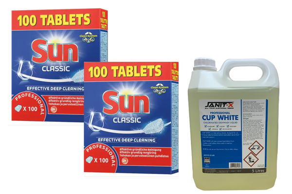 Sun Professional Dishwasher Tablets (2 x Pack of 100) & 5L Janit-X Cups White FREE ! - Garden & Pet Supplies