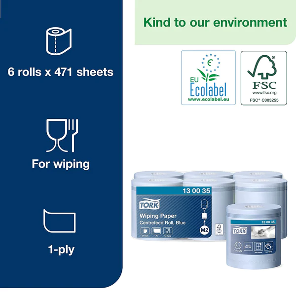 Tork 130035 M2 Wiping Paper Centrefeed Roll Blue 6's