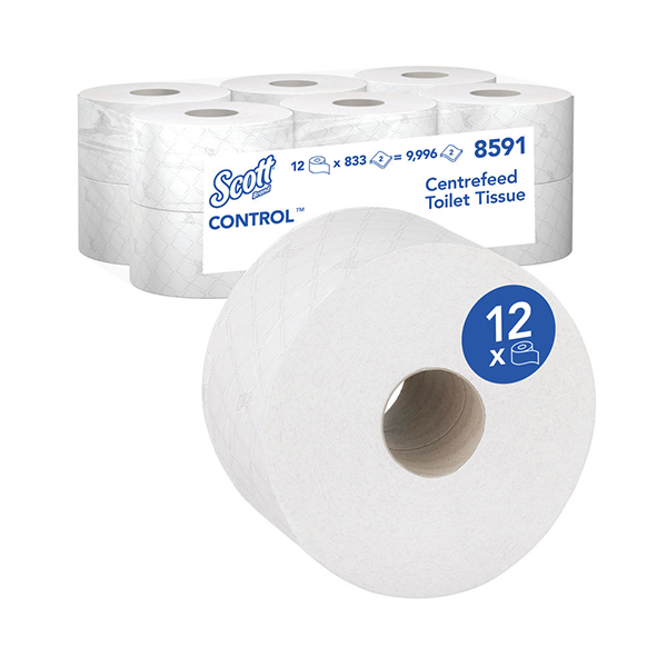 Scott Control Toilet Tissue Centrefeed Roll 2-Ply 833 Sheets,Pack of 12, {8591}